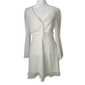 Lulus Wine & Dine white Swiss dot long sleeve mini skater dress size S
